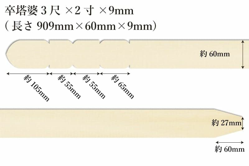 卒塔婆3尺(909mm)×2寸(60mm)×9mm等級Aサイズ表記