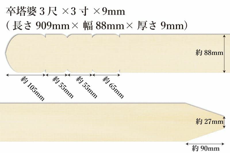 卒塔婆3尺(909mm)×3寸(88mm)×9mm等級Aサイズ表記