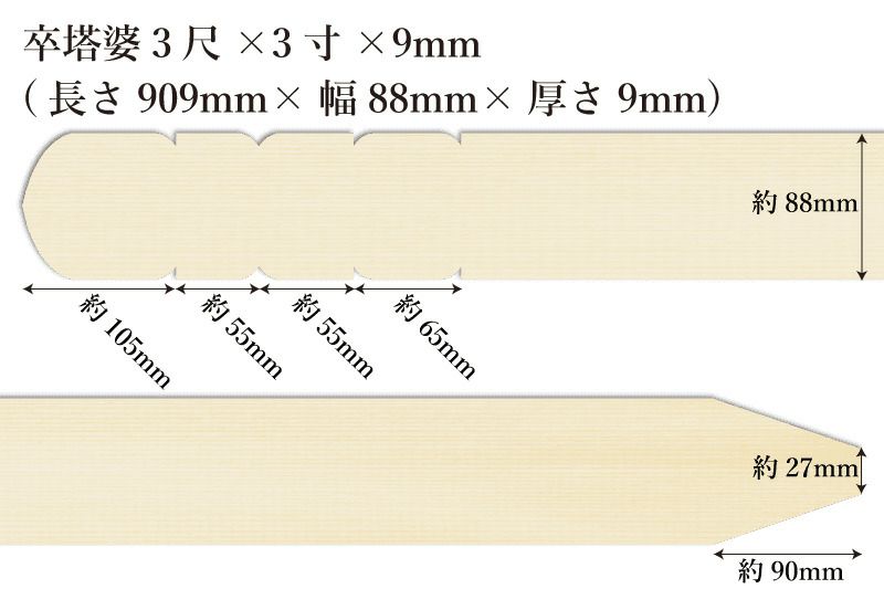 卒塔婆3尺(909mm)×3寸(88mm)×9mm等級Cサイズ表記