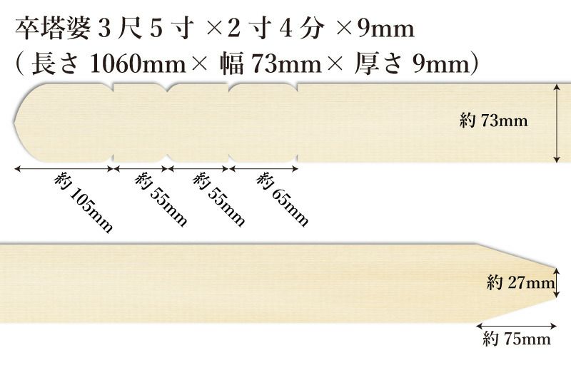 卒塔婆3尺5寸(1060mm)×2寸4分(73mm)×9mm等級Aサイズ表記