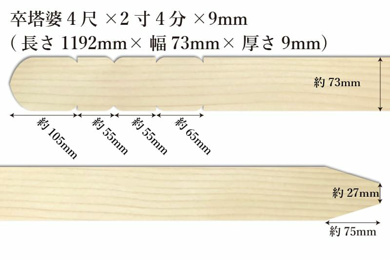 卒塔婆4尺(1192mm)×2寸4分(73mm)×9mm等級Cサイズ表記