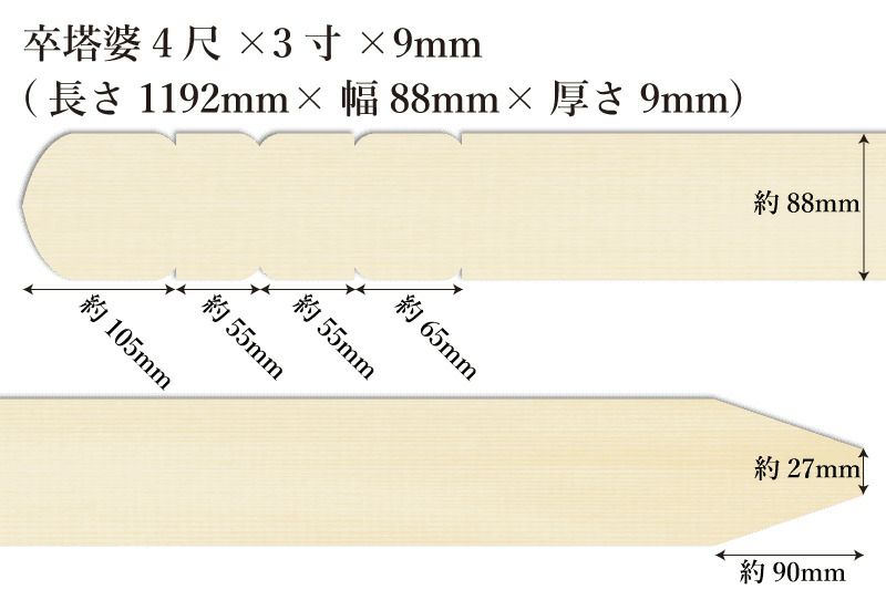 卒塔婆4尺(1192mm)×3寸(88mm)×9mm等級Bサイズ表記