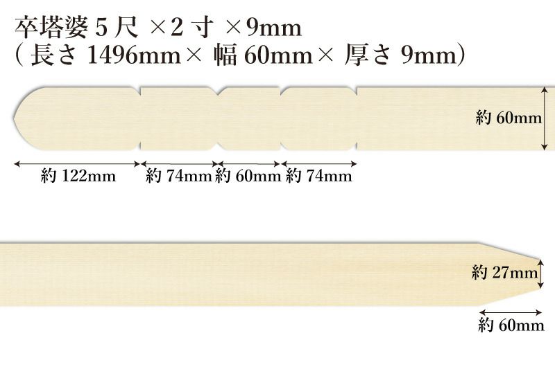 卒塔婆5尺(1496mm)×2寸(60mm)×9mm等級Cサイズ表記
