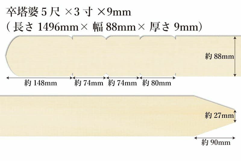 卒塔婆5尺(1496mm)×3寸(88mm)×9mm等級Aサイズ表記