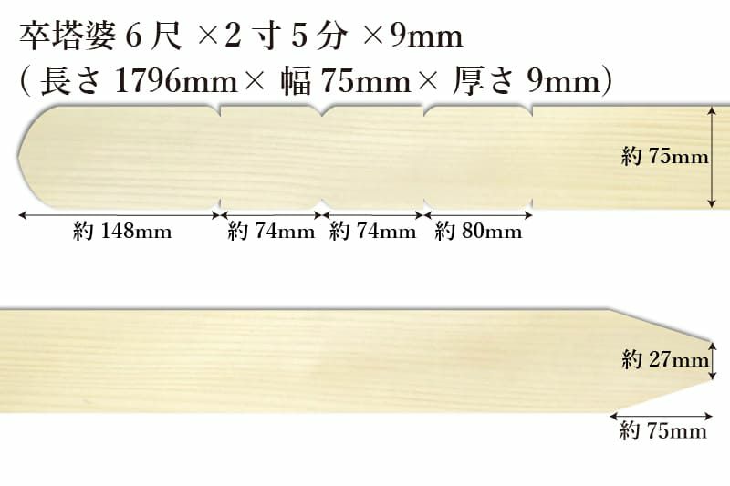 卒塔婆6尺(1796mm)×2寸5分(75mm)×9mm等級Bサイズ表記