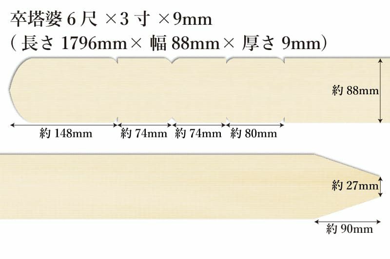 卒塔婆6尺(1796mm)×3寸(88mm)×9mm等級Aサイズ表記