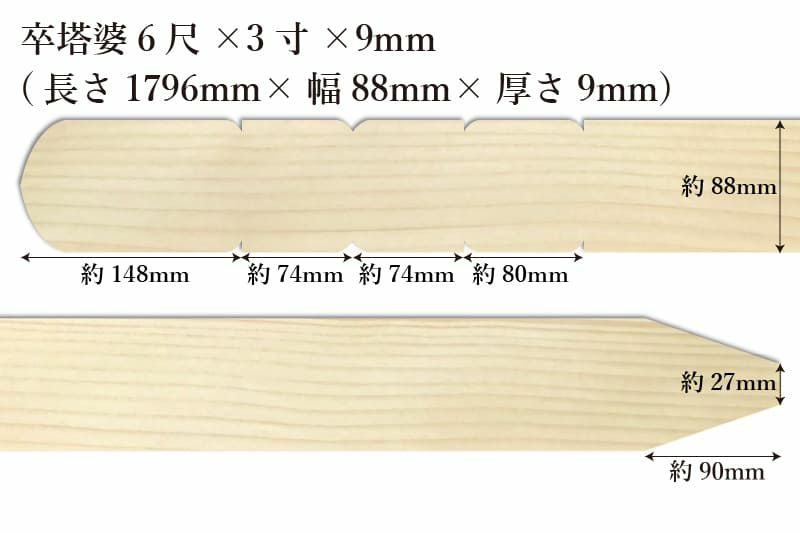 卒塔婆6尺(1796mm)×3寸(88mm)×9mm等級Cサイズ表記