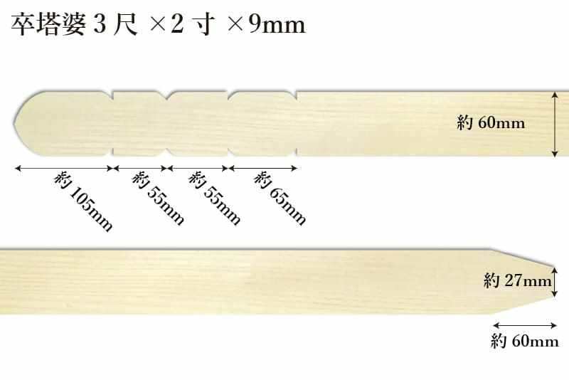 卒塔婆3尺(909mm)×2寸(60mm)×9mm等級Bサイズ表記