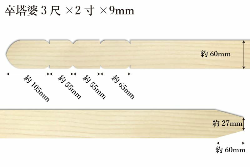 卒塔婆3尺(909mm)×2寸(60mm)×9mm等級Cサイズ表記