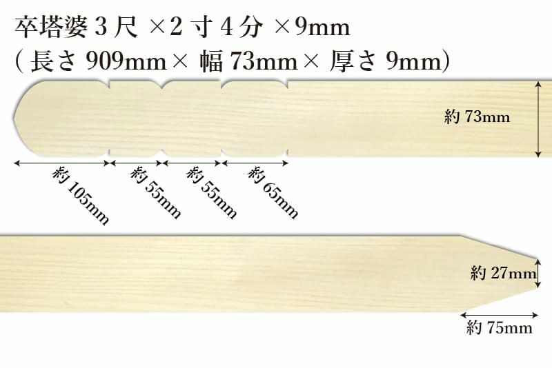 卒塔婆3尺(909mm)×2寸4分(73mm)×9mm等級Bサイズ表記