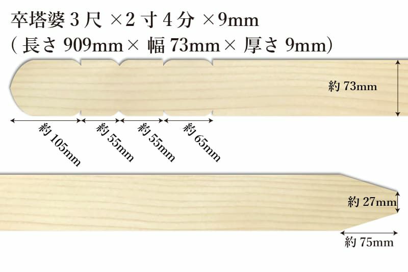 卒塔婆3尺(909mm)×2寸4分(73mm)×9mm等級Cサイズ表記