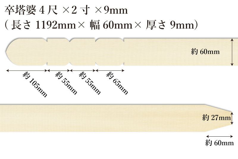卒塔婆4尺(1192mm)×2寸(60mm)×9mm等級Aサイズ表記
