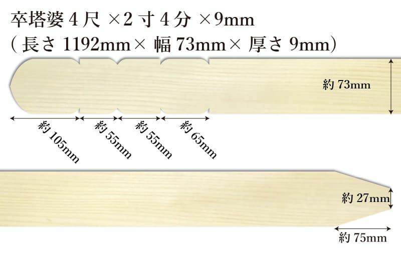 卒塔婆4尺(1192mm)×2寸4分(73mm)×9mm等級Bサイズ表記