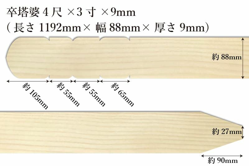 卒塔婆4尺(1192mm)×3寸(88mm)×9mm等級Cサイズ表記