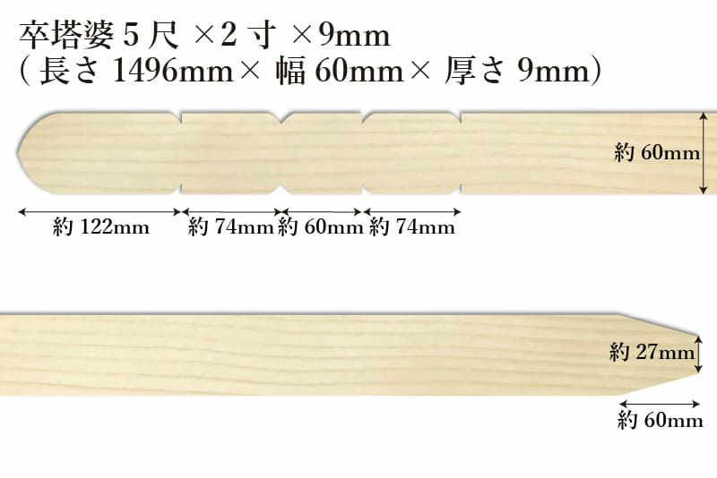 卒塔婆5尺(1496mm)×2寸(60mm)×9mm等級Cサイズ表記