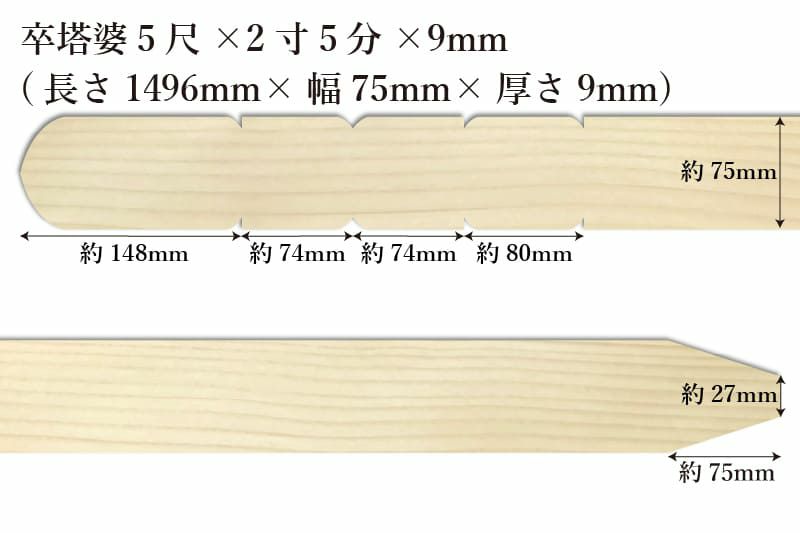 卒塔婆5尺(1496mm)×2寸5分(75mm)×9mm等級Cサイズ表記