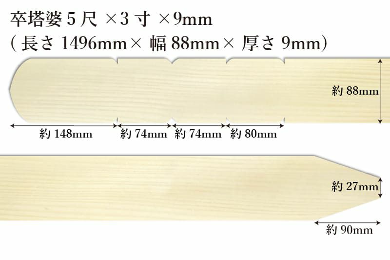 卒塔婆5尺(1496mm)×3寸(88mm)×9mm等級Bサイズ表記