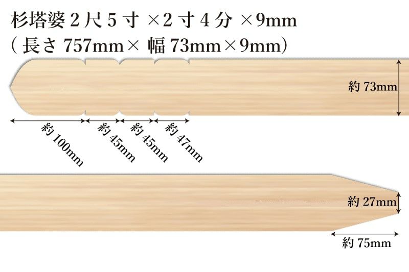 東京多摩産杉塔婆2尺5寸(757mm)×2寸4分(73mm)×9mmサイズ表記