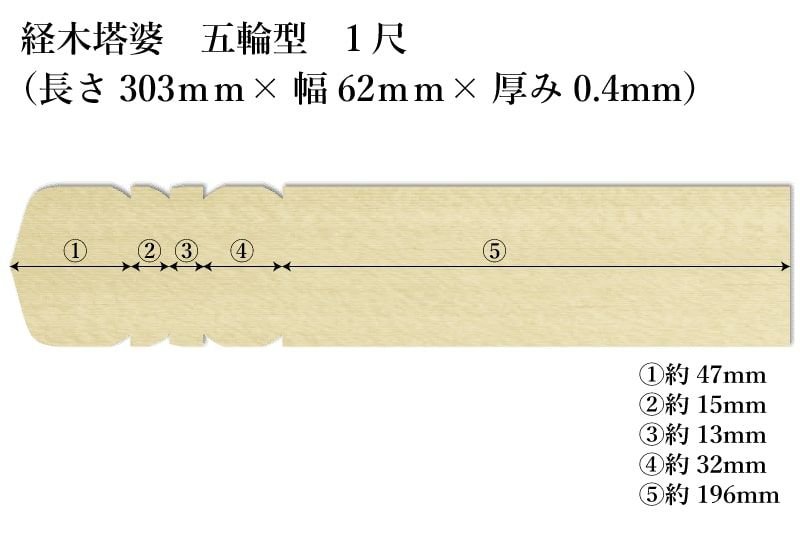 経木塔婆五輪型１尺(303mm)×62mm×0.4mmサイズ表記