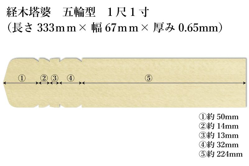 経木塔婆五輪型１尺1寸(333mm)×67mm×0.65mmサイズ表記