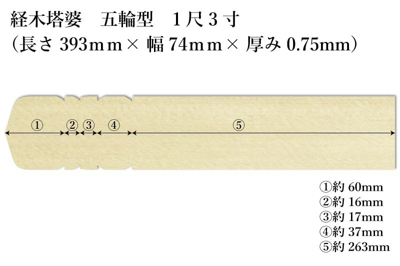 経木塔婆五輪型１尺3寸(393mm)×74mm×0.75mmサイズ表記