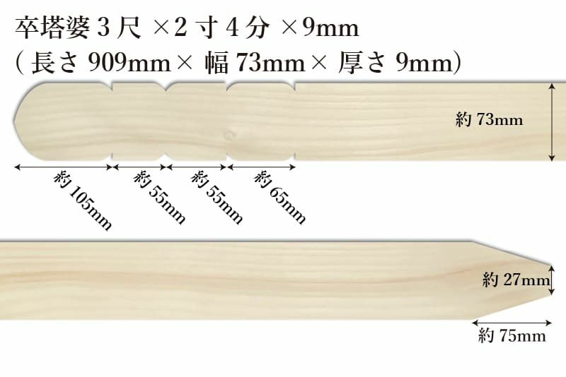 卒塔婆3尺(909mm)×2寸4分(73mm)×9mm等級Dサイズ表記