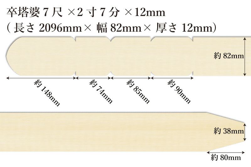 卒塔婆7尺(2096mm)×2寸7分(82mm)×12mm等級Aサイズ表記