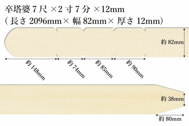 卒塔婆7尺(2096mm)×2寸7分(82mm)×12mm等級Aサイズ表記